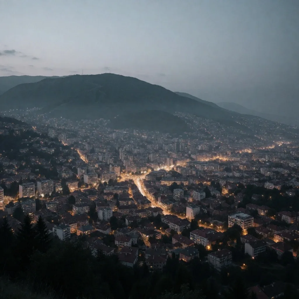  Sarajevski gradski pejzaž u sumrak sa brdom Trebević u pozadini